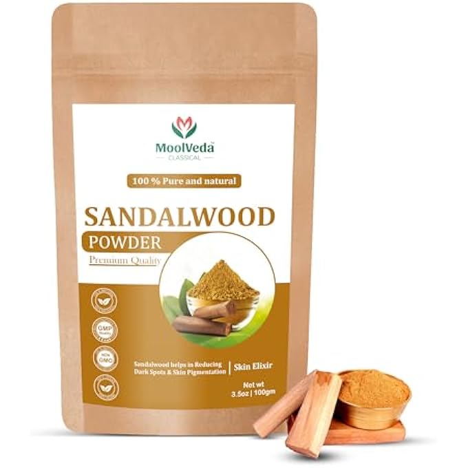 Moolveda مسحوق خشب الصندل النقي والأصلي (تشاندان) للوجه، البشرة، تبييض البشرة، قناع الوجه، حزمة الوجه والعناية بالبشرة، (100جم) - Image 1